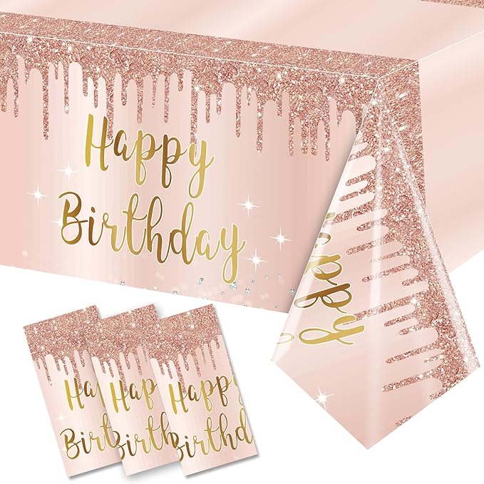 3 Pcs Pink Rose Gold Happy Birthday Tablecloth Decorations for Women, Happy Birthday Table Cover Party Supplies, 16th 21st 30th 40th 50th Birthday Plastic Disposable Rectangular Table Cloth Decor