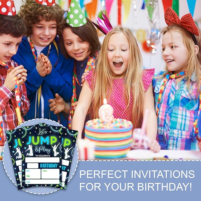Trampoline Park Birthday Invitations, Glow Trampoline Party Neutral Invites, Neon Bounce House Party Invitation Cards for Boys & Girls, 4 x 6 20 Count with Envelopes