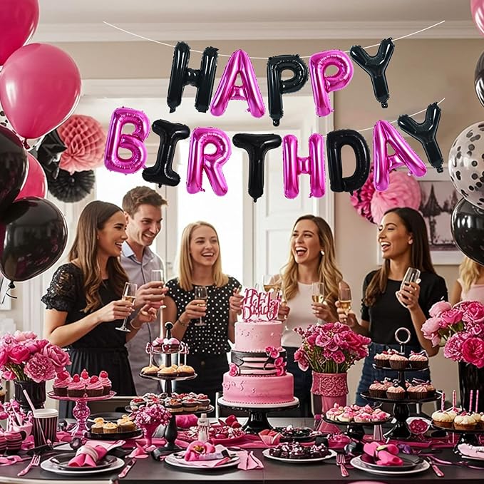 TONIFUL Happy Birthday Balloons Banner 16 Inch Mylar Foil Letters Birthday Sign Reusable for Girls Boys Kids & Adults Birthday Party Decorations Supplies（Black Pink）