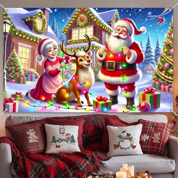 Santa Reindeer Christmas Banner 71x43 Inches Holiday House Backdrop Merry Christmas Decoration for Indoor Outdoor Winter Party Wall Porch Photo Display Festive Family Scene