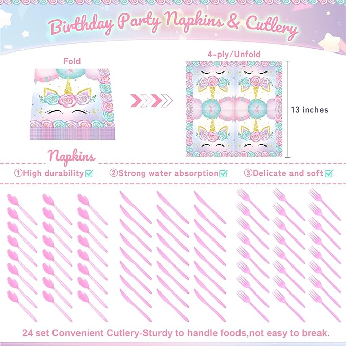 171Pcs Unicorn Birthday Party Supplies with Plates Cups Napkins Cutlery, Unicorn Birthday Decorations with Unicorns Banner and Tablecloths, 24 Serves Pink Disposable Tableware for Party Decor