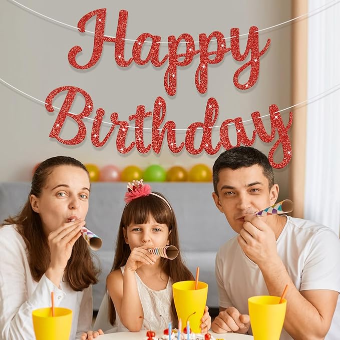Glitter Happy Birthday Banner Sign Birthday Garland Wall Door Banners Flag for Women Men Boys Girls Party Backdrop Decorations Red