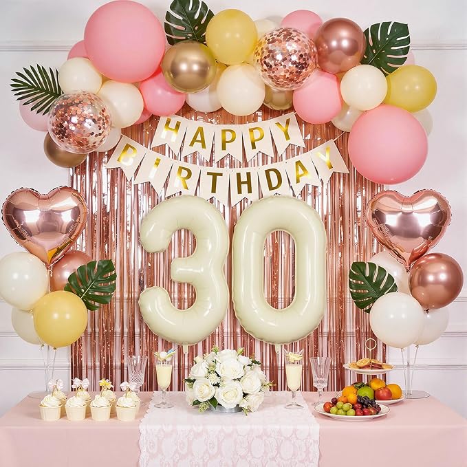 30th Birthday Decorations for Women, Retro Sand White and Cream Balloon Garland Kit, Cream Number 30 Balloon, Pink Happy 30th Banner, Milestone Party Supplies
