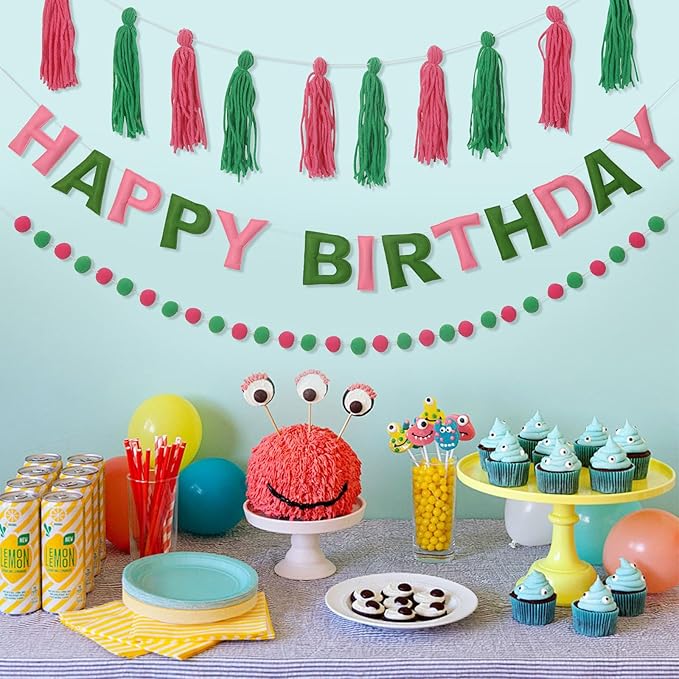 Pre-Strung Happy Birthday Banner Pink and Green Party Decorations Felt Ball Garland Sign for Witch Theme Birthday Party Décor