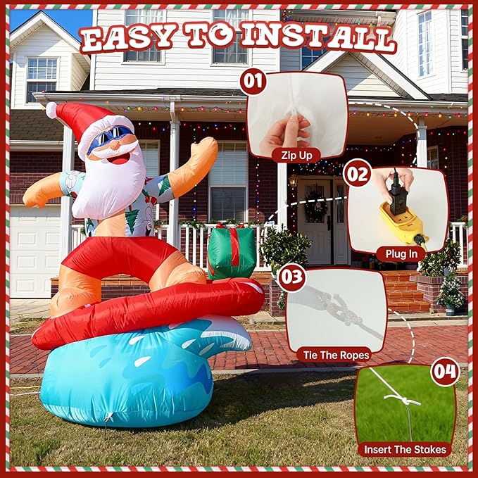 JOYHALO 6FT Surfing Santa Inflatable with Lights, Tropical Style Christmas Inflatables for Hawaiian Christmas Decorations,Christmas Blow Up for Yard Garden Lawn Holiday Party Decor