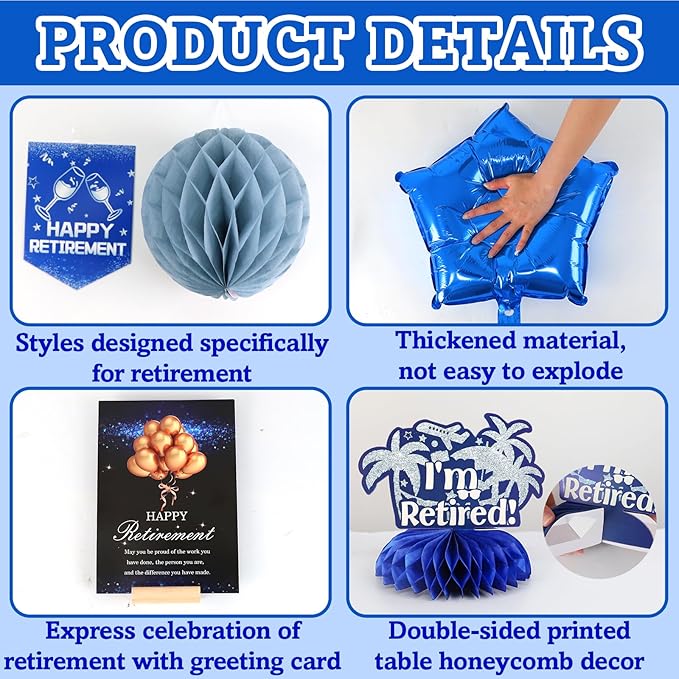 Happy Retirement Party Decorations for Men Women Blue Silver Happys Retirements Decorations Happy Retirements Banner Backdrop Card Retirement Sash Hanging Swirls Foil Balloons Honeycomb Centerpieces