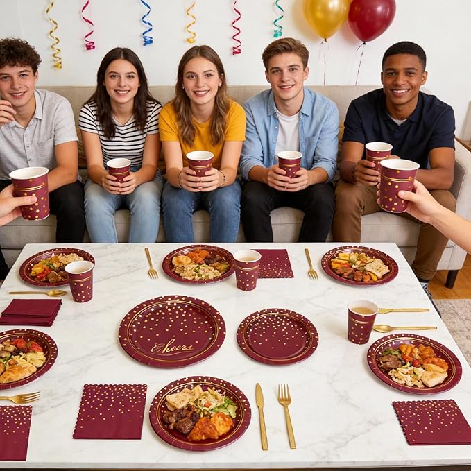 OuMuaMua Maroon Gold Paper Plates and Napkins Party Supplies for 24 Guests, 168 Pcs Burgundy Disposable Plates with Utensils Set for Maroon and Gold Graduation Birthday Party Decorations