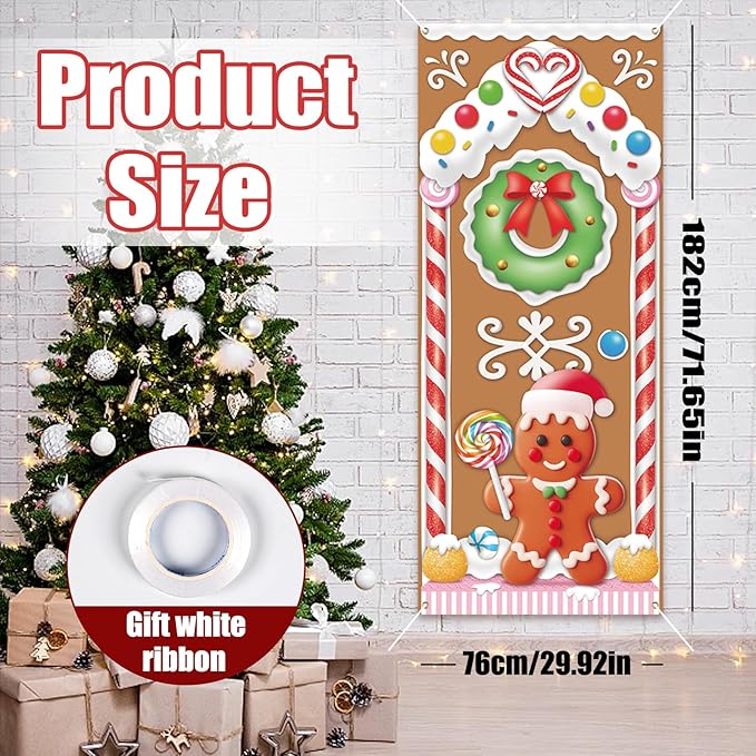 Christmas Gingerbread House Door Cover Decorations - Gingerbread Door Banner for Candyland Party Backdrop Decor Indoor Outdoor, 72×30 Inches