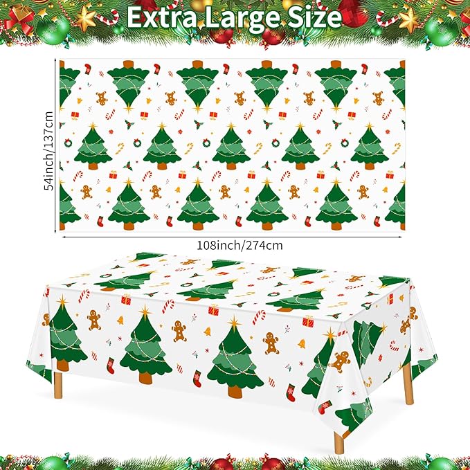 Hxezoc 3 Pack Disposable Plastic Christmas Tree Tablecloth, 54 x 108 Inches Christmas Party Table Cover for Xmas Winter Holiday New Year Home Dinner Decorations