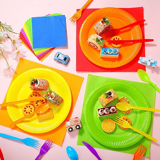 Jinei 168 Pcs Disposable Rainbow Party Supplies Set 7 Inch 9 Inch Colorful Paper Plates Napkins Cups Plastic Tableware Forks Spoons Knives for 24 Guests for Rainbow Theme Birthday Party Wedding