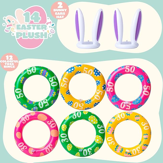 JOYIN Easter Inflatable Bunny Ears Ring Toss Game(2 Set 12 Rings), Inflatable Rabbit Toss Game, Indoor and Outdoor Game for Easter Party Supplies