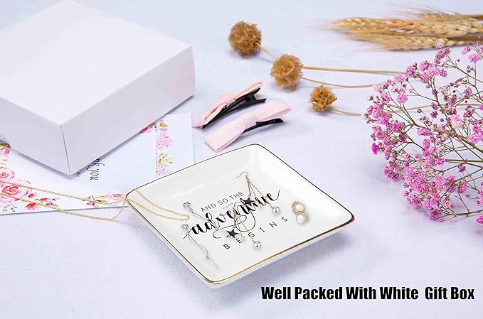 Graduation,Birthday,Promotion,Going Away,Moving Away,New Job,Divorce,Retirement Gift-Bride to Be -Wedding Engagement Gift-Wedding present for Bride-Ceramic Jewelry Holder Ring Dish Trinket Tray