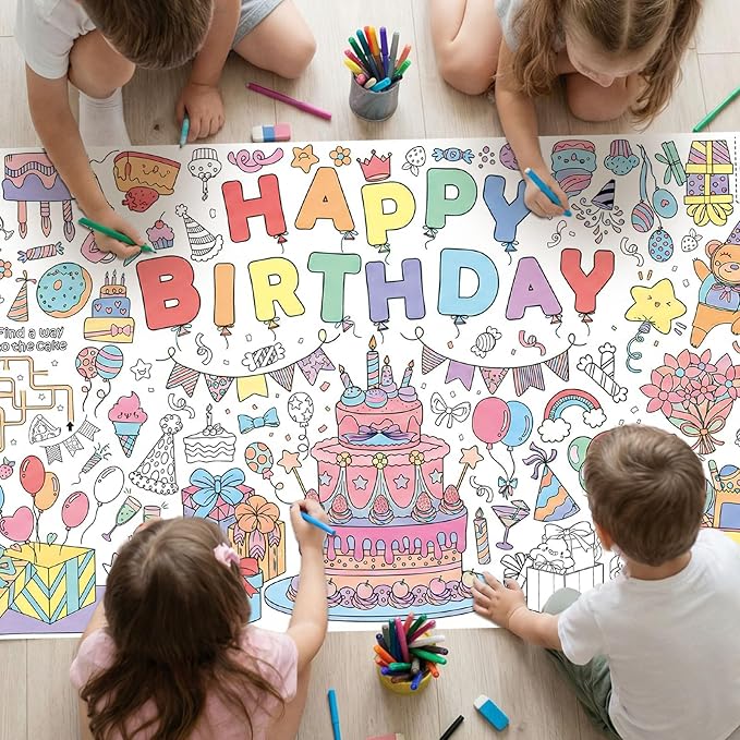 Happy Birthday Giant Coloring Poster/Tablecloth, 30 x 72 Inch Birthday Craft for Kids Art Crafts Paper Banner Kid Games Activities,Coloring Tablecloth Crafts for Classroom Wall School Home Parties