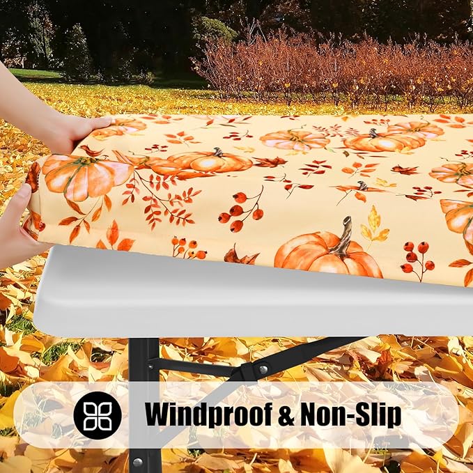 Smiry 2 Pack Rectangle Thanksgiving Table Cloth, Waterproof Elastic Fitted Tablecloths, Washable Polyester Rectangular Patio Table Cover for Autumn Harvest Parties (Pumpkin Leaf, 30"x72")