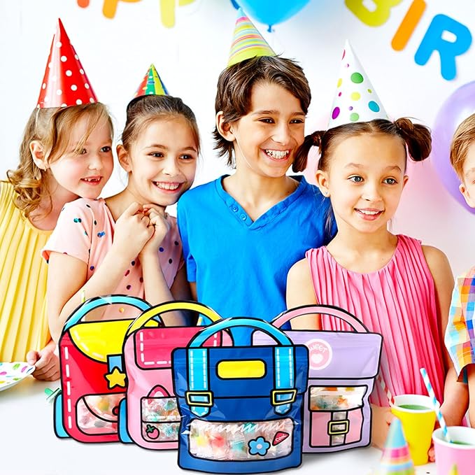 40 Pcs Cartoon Goodie Bags for Kids Candy Snack Treat Party Favor Bags Bulk Birthday Plastic Clear Gift Handbags with Handle for Classroom Back to School Supplies