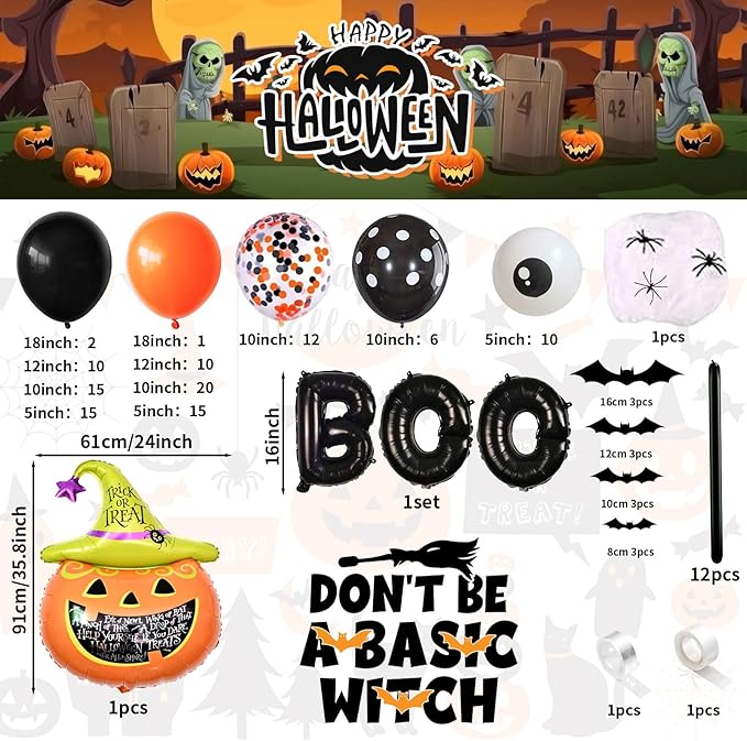 Halloween Balloon Arch Garland Kit, 126Pcs Black and Orange Balloons with BOO Pumpkin Bat Foil Balloons Eyeball Balloon Spider Web for Kid Halloween Birthday Party Decorations Indoor Outdoor