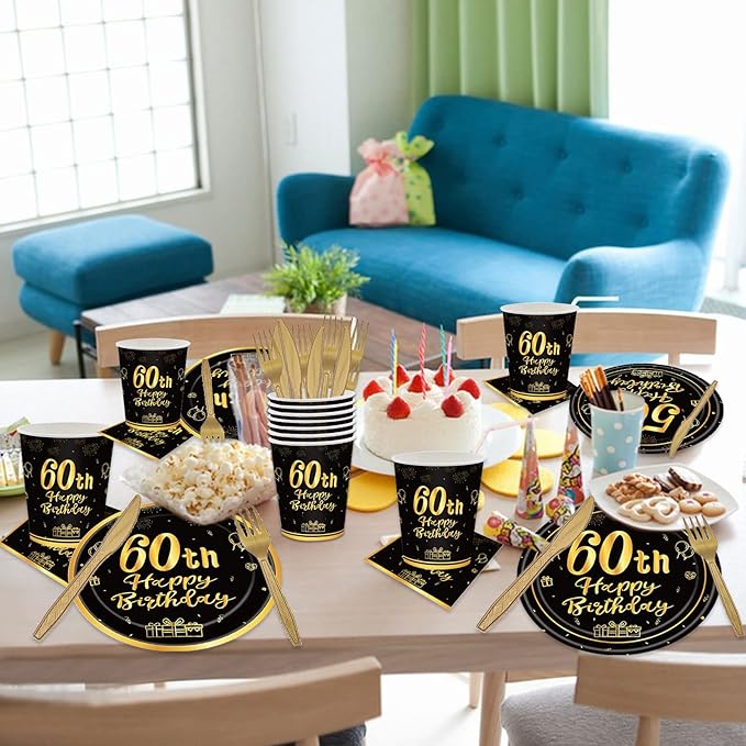144PCS 60th Birthday Plates and Napkins Birthday Party Supplies 60th Birthday Party Decorations for Men Women Disposable Party Tableware Including Paper Plates Napkins Cups Forks Serve 24