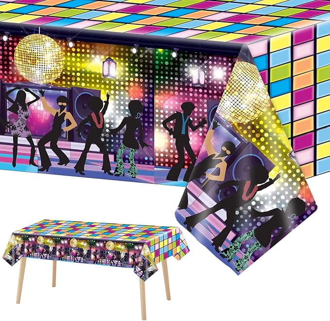 3 Pieces Disco Tablecloth for 70's Disco Party Decoration 70s Table Cover Plastic Rectangle Table Decor for woman and man 1970s Fever Music Record Neon Night Birthday Party Supplies 54 x 108 Inch