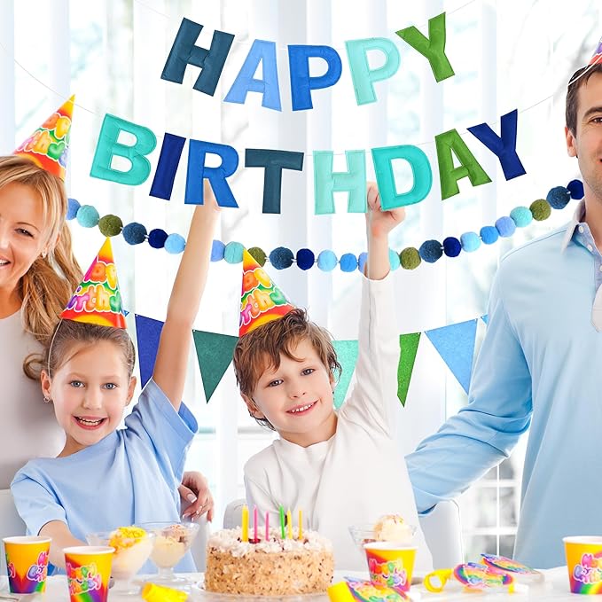 CANREVEL Pre-Strung 3D Rainbow Happy Birthday Banner, 3 PCS Happy Birthday Felt Sign, Pom Pom Garland, Triangle Fabric Bunting, Colorful Reusable Birthday Decorations for Women Men Girls Boys, Blue