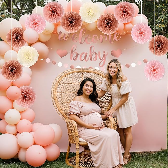 Kriyokiaa 15 Pcs Baby Shower Decorations for Girl Dark Rosegold Baby Shower Decorations with Welcome Baby Banners Paper Flower Pom Poms Perfect for Indoor & Outdoor Celebrations