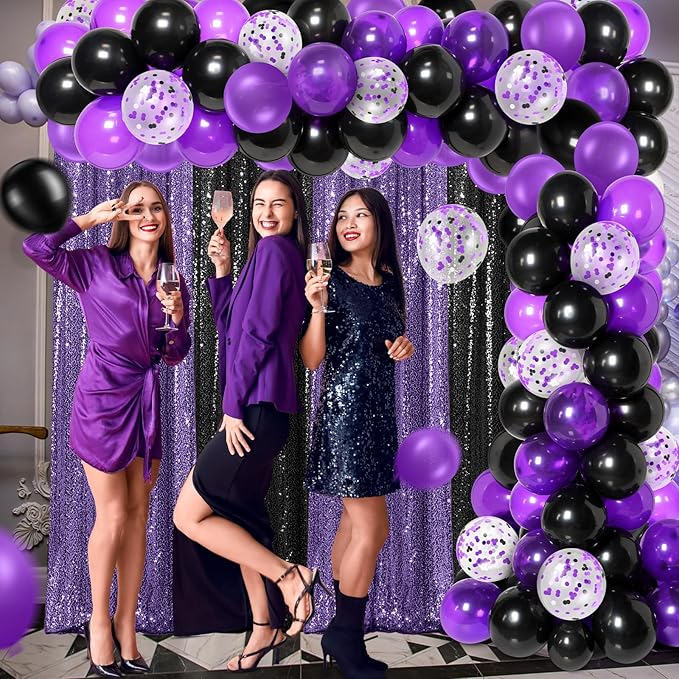 137 Pcs Purple Black Party Backdrop Kits - 4 Sequin Backdrop Curtain 133 Balloon Arch Garland Kit Photo Background for Graduation Birthday Weeding Decor