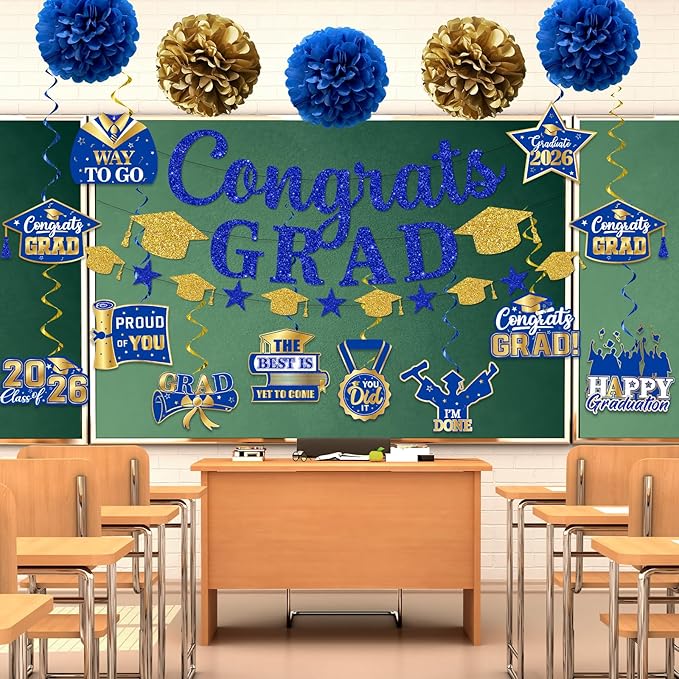 Graduation Decorations 2026, Glitter Congrats Grad Banner Hanging Swirls and Tissue Pom Poms, Blue and Gold Graduation Decorations 2026 for Class of 2026 College Graduations Party Decorations