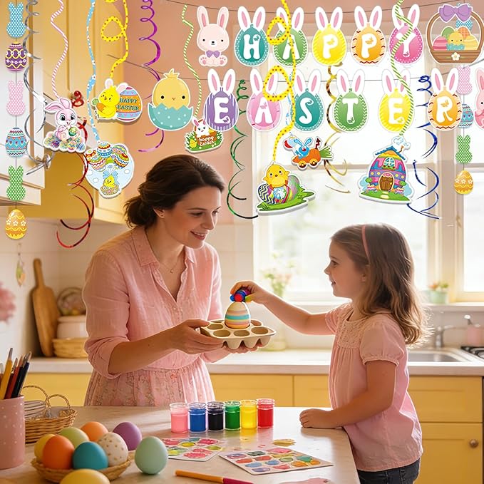 45 Pcs Happy Easter Banners Garland Easter Decorations for Office Home School Classroom Bunny Egg Hanging Decor Supplies for Egg Hunt Party Favors