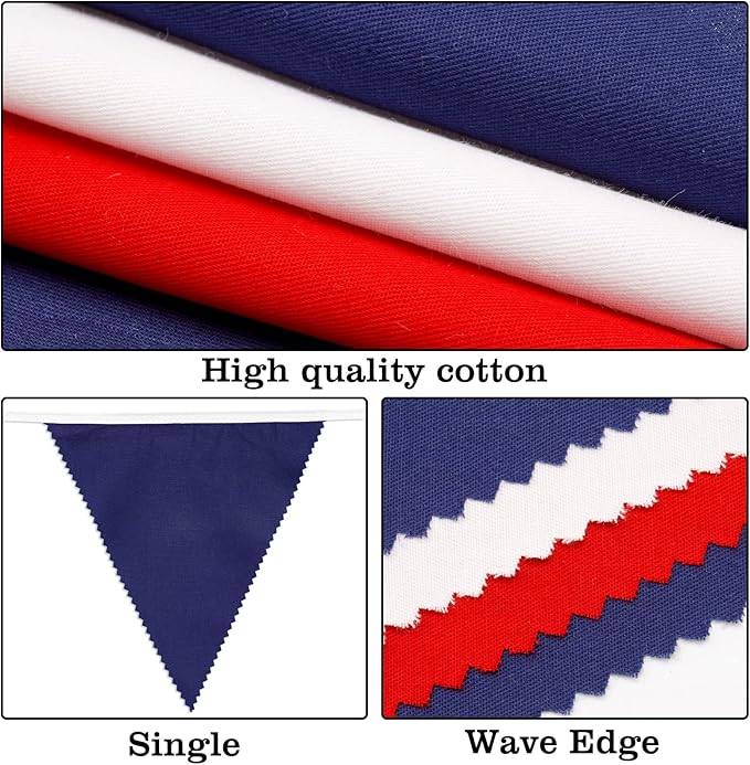 GCQQ 40Ft Red White Blue Banner - 4th of July Decoration Cotton Patriotic Fabric Pennant Triangle Flag Banners Garland for Independence National Day Nautical Theme Captain Graduation Party Decor
