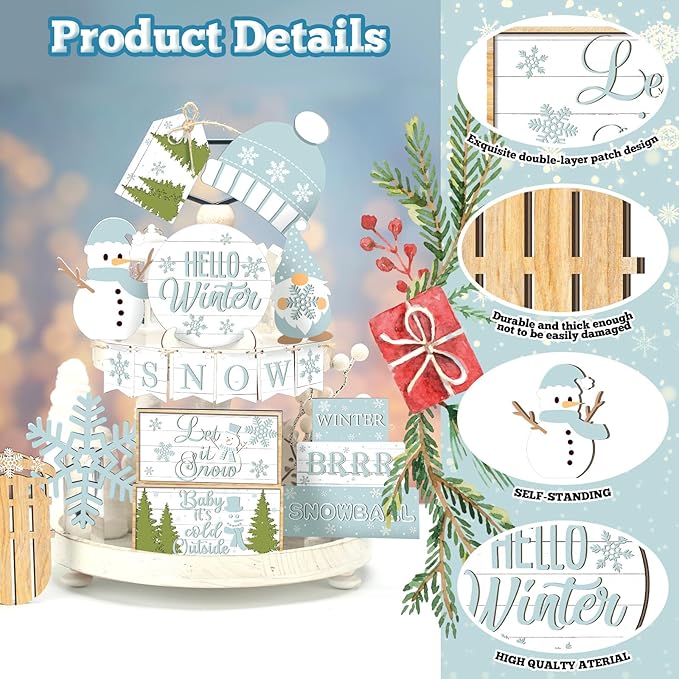 15 Pcs Winter Tiered Tray Decor Snowman and Snowflakes Wooden Signs Farmhouse Winter Tiered Tray Decorations Set Wood Table Decor for Holiday Home Kitchen
