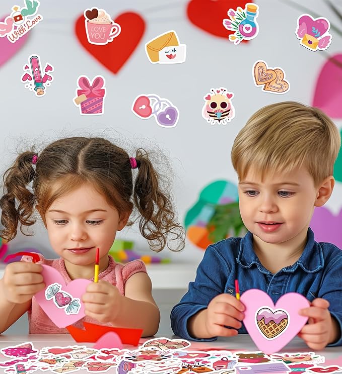 Valentines Stickers - Valentines Day Gifts for Kid - 100 PCS Vinyl Heart Stickers - Valentine Crafts for Kids - Valentine’s Gifts Treats Decor Scrapbooking Party Favors