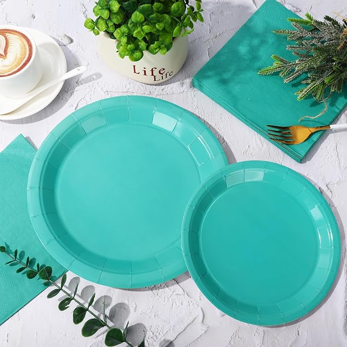Whaline 100Pcs Teal Tableware Set Teal Blue Disposable Dinnerware 50Pcs Paper Plate 25Pcs Napkin 25Pcs Cup for Birthday Wedding Baby Shower Family Picnic Party Supplies Table Decor
