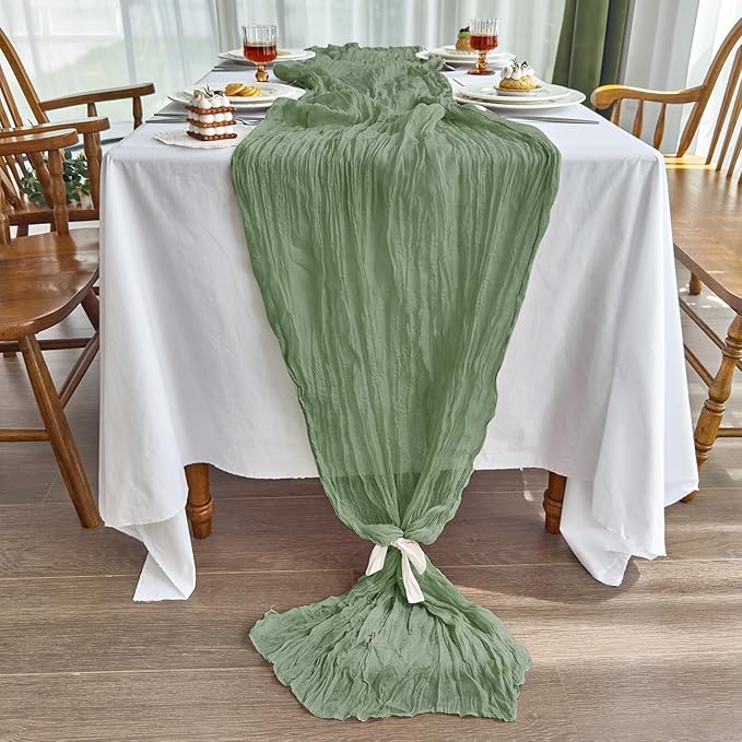 IVAPUPU 4 Pcs Cheesecloth Table Runner - 10ft Sage Green Easter Spring Boho Gauze Cheese Cloth Table Runners for Baby Shower Decoration Wedding Party Garden Farmhouse