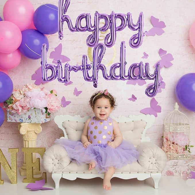 TONIFUL Purple Happy Birthday Balloons 16 Inch Purple Mylar Foil Script/Cursive Letters Balloons Sign Banner Reusable Material for Girls Boys Kids & Adults Birthday Decorations