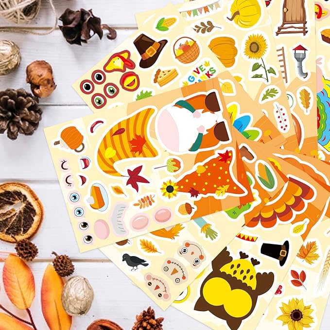 24 PCS Thanksgiving Stickers, Make a Turkey Face Stickers for Kids, Make Your Own Sticker Thanksgiving Party Favors Supplies, Fall Autumn Harvest Pumpkin Sticker