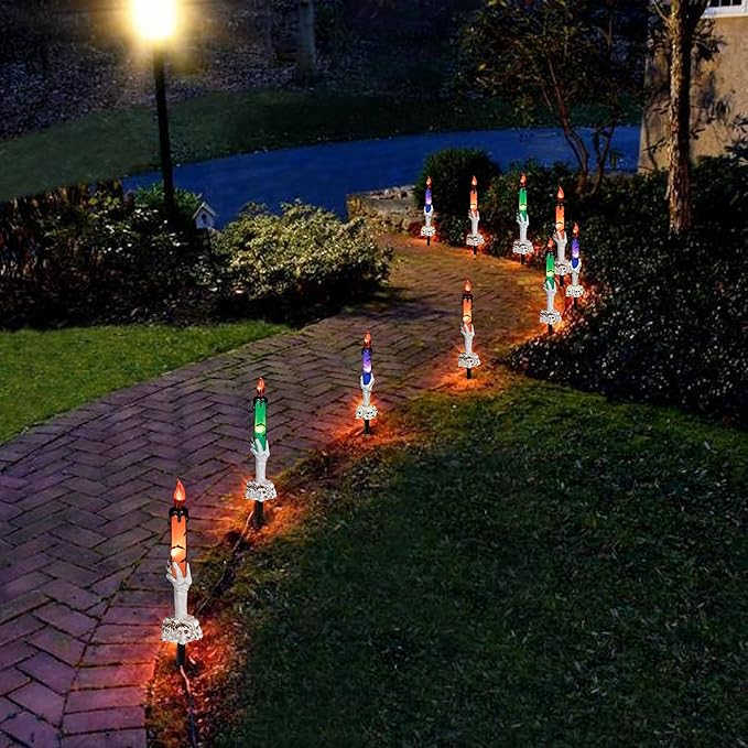 Hourleey Halloween Decorations, 5 Pack Skull Candle Lights with Stakes, Battery Operated Waterproof Pathway Decor with Timer for Indoor Outdoor Front Pathway Lawn Yard Garden