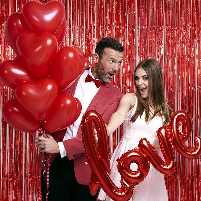 Red Tinsel Fringe Backdrop, Melsan 3.2 x 8 ft Red Metallic Foil Curtains Streamer for Birthday, Anniversary, Photo Booth for Party,2 Packs