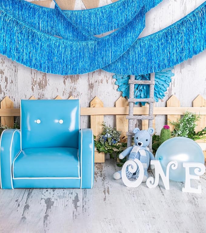 2 Pack Premium Sky Blue Glitter Fringe Tassel Banner for Party Decoration Thick Metallic Foil Tinsel Garland for Birthday Wedding Bachelorette Holiday Disco Home Decor