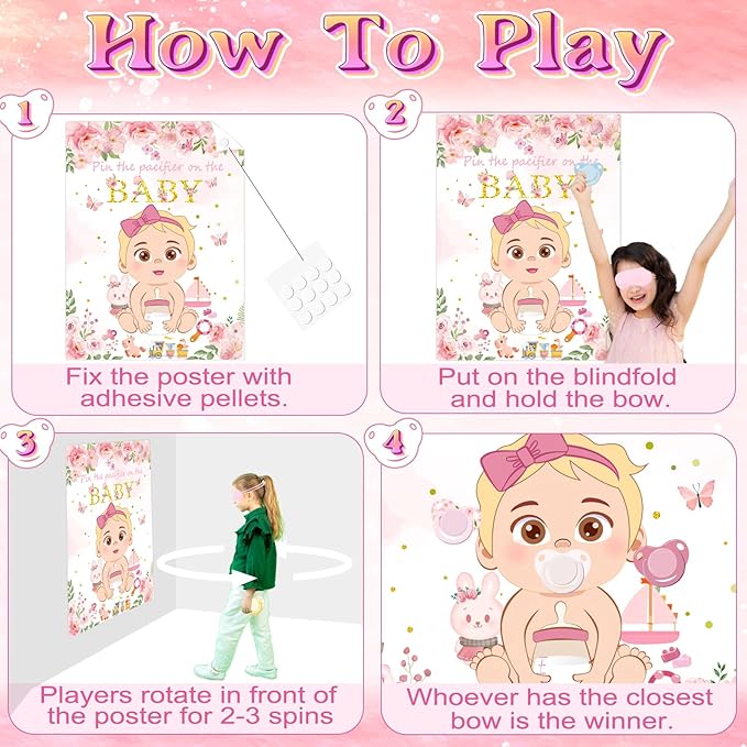 WNINK Pin The Pacifier On The Baby Pink Baby Shower Game Party Decorations Include Large Poster 30 Pacifier Stickers Game Set for Baby Shower Activity, Gender Reveal, Birthday Party Decor Supplies