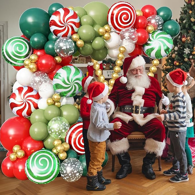 Christmas Balloon Arch Garland Kit, 127Pcs Dark Sage Green and Red White Xmas Balloon with Star Print & Candy Cane Foil Balloons for Merry Christmas Holiday Woodland Winter New Year Party Decorations
