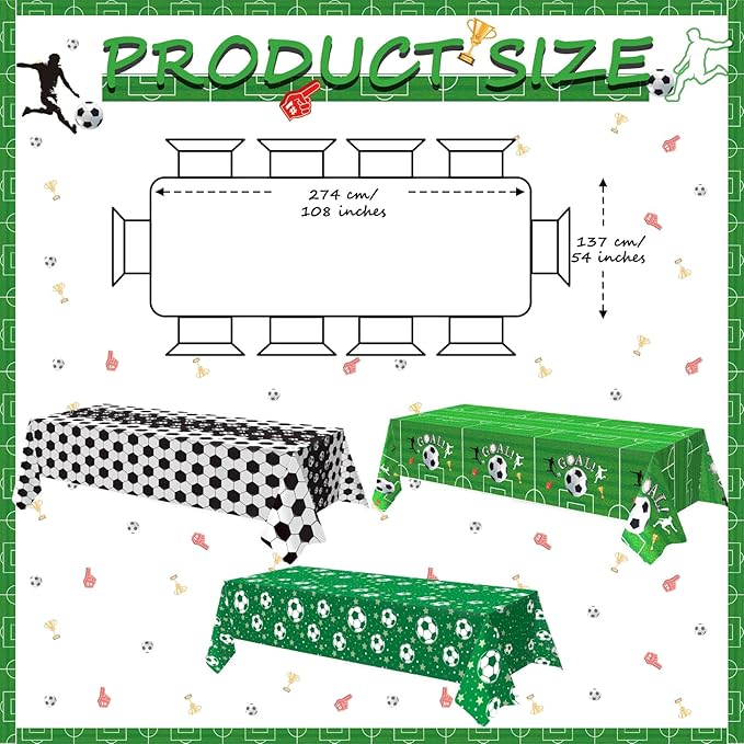 OQOQ Soccer Party Decorations Tablecloths (3 Packs), 108x54 Inches Soccer Birthday Party Decorations Game Plastic Table Cover for Sports Theme Party Supplies
