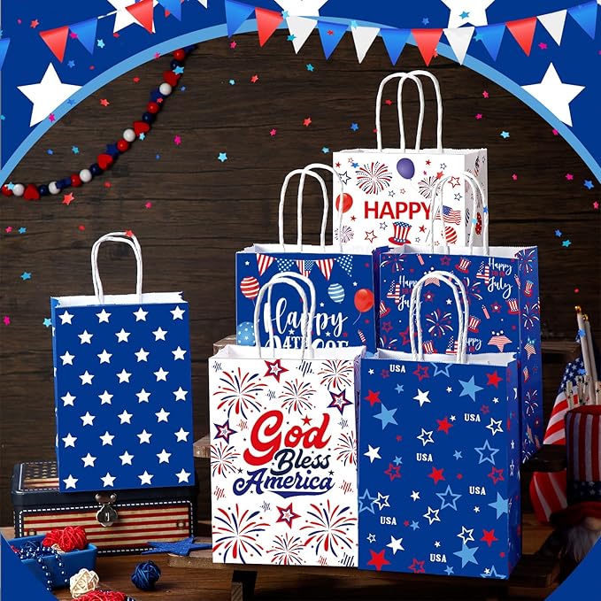 24 Pcs Patriotic 4th of July Gift Bags with Handle American Flag Party Favor Bags Memorial Day Treat Goodie Boxes for 250th Anniversary Independence Day Veterans Red White and Blue Supplies