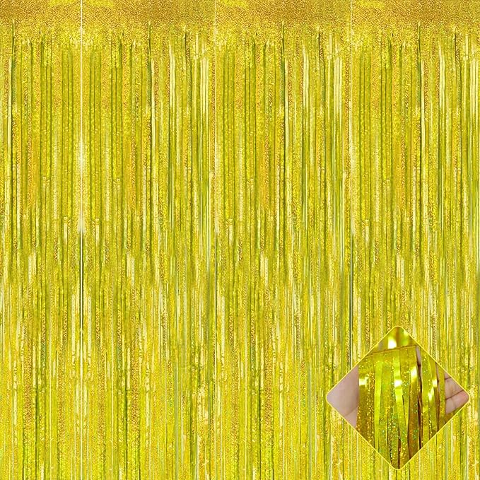 4 Pack 3.2Ft x 8.2Ft Gold Foil Fringe Curtain Backdrop, Metallic Tinsel Foil Fringe Streamers Curtains Background for Photo Booth, Birthday, Wedding, Disco, Bachelorette, Christmas Party Decoration