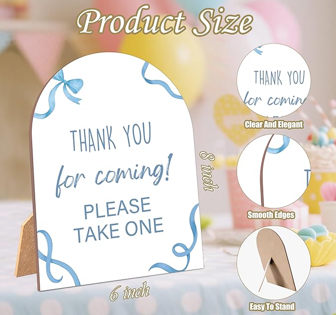 Blue Bow Thank You For Coming Sign for Baby Shower, 6x8 Inch Arch Wooden Sign with Stand, Blue Baby Shower Table Sign, Gender Neutral Party Decoration - QW13