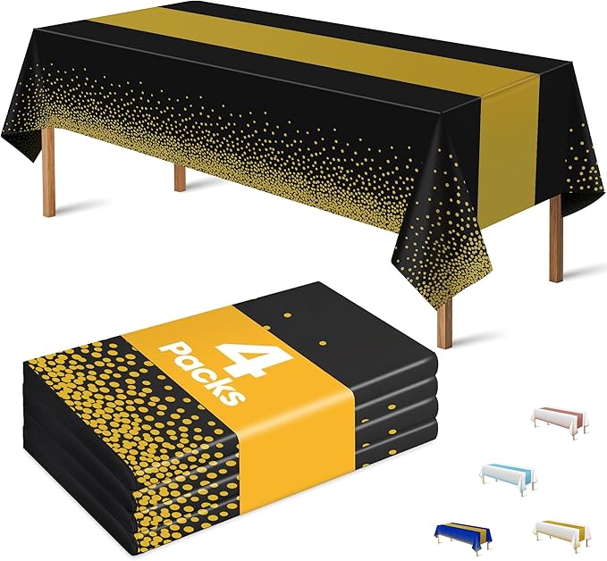 OHOME Graduation Decorations 2026-4 Pack Disposable Plastic Table Cloths,Black and Gold Table Covers for 50th Birthday Retirement Graduation Decorations Backdrop | New Years Party Supplies Favors