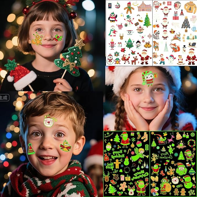 Christmas Party Favors for Kids - 128PCS Luminous Christmas Tattoos Glow in the Dark Goodie Bag Stocking Stuffers, Xmas Temporary Tattoos Party Supplies Decorations for Kids | 4 Sheets (6 x 8.2 inch)