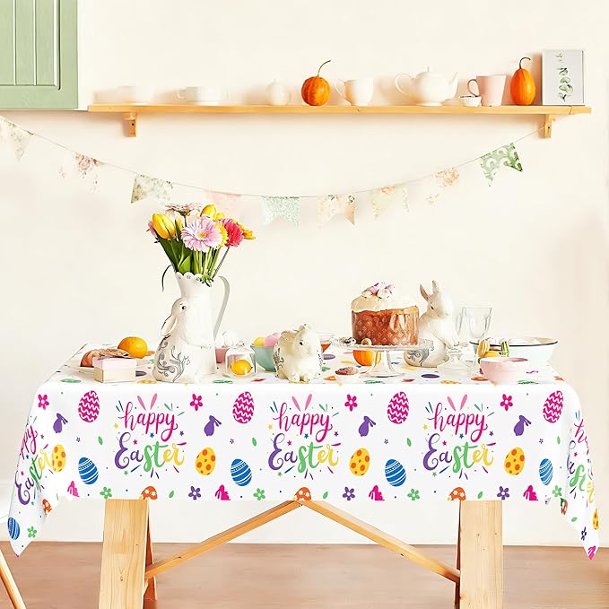 4 Pack Disposable Easter Tablecloth, 54 x 108 Inch Rectangular Easter Table Cloth, Spring Table Cloth with Colorful Eggs Floral Design, Happy Easter Tablecloths for Easter Decorations Holiday Decor