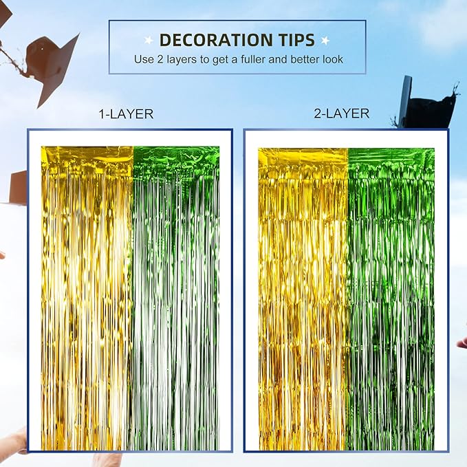 LOLStar Graduation Party Decoration, 4 Pack Green and Gold 3.3x6.6 ft Foil Fringe Curtains, Tinsel Backdrop, Graduation Photo Booth Prop Streamer Backdrop for Class of 2026, Prom and Grad Party Decor