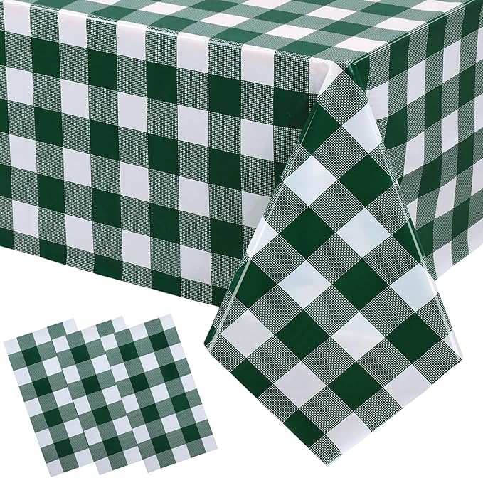 3 Packs Green Plaid Tablecloth 54 x 108 Inch Disposable Checkered Table Cloth Rectangular Waterproof Picnic Table Covers for BBQ Birthday Parties
