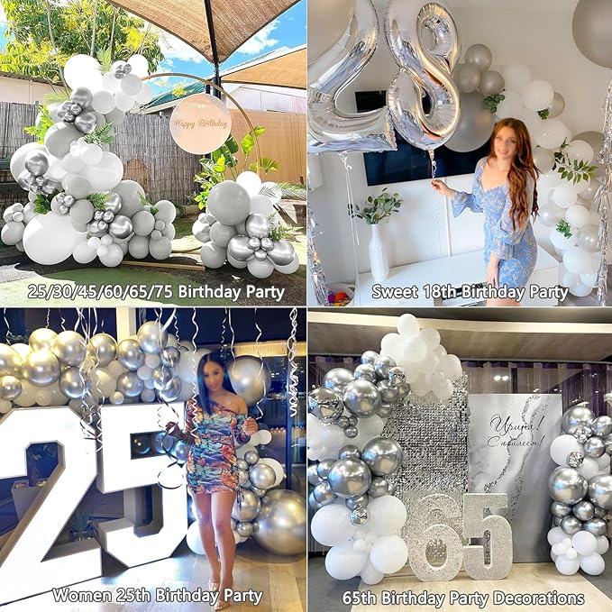 White Silver Balloon Arch Kit Garland with Grey Clear Balloons for Birthday Engagement Wedding Baby Shower Confirmation Prom 25th Anniversary Decorations