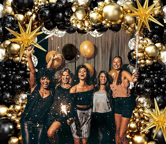 FOTIOMRG Black and Gold Balloons Garland Arch Kit, 5 10 12 18inch Black Gold Confetti Latex Balloons for 2025 Graduation New Year Anniversary Birthday Party Decorations